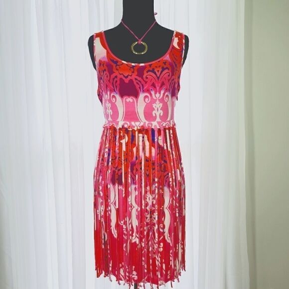 Bebe Fringe Jersey Dress Red & Pink Small - Picture 1 of 11